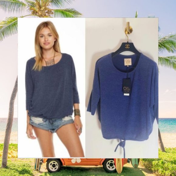 Chaser Tops - NEW CHASER Blue Sweater Top Tee SMALL  Boat Neck Long sleeve Drawstring Stretch